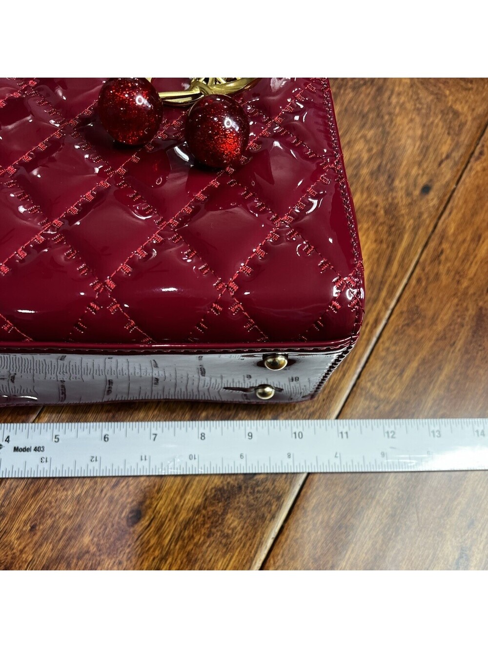 Deep Red Patent Quilted Top Handle Bag Cherry Bag Charm Lady Style Mini Purse - Picture 6 of 7